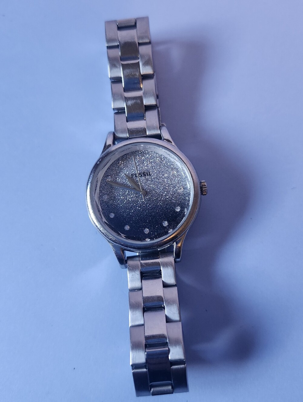Fossil Silver Glitter OMBRE Dial Stainless Watch Model BQ3431 NEW BATTERY GUC